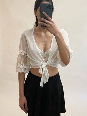 White Sheer Tie-Front Shrug Top | Lace Sleeve Detail | Boho Cover-Up